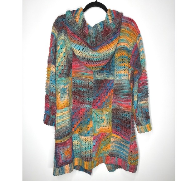 Hooded Patchwork Squares Knit Cardigan Approx. XL - Picture 6 of 7
